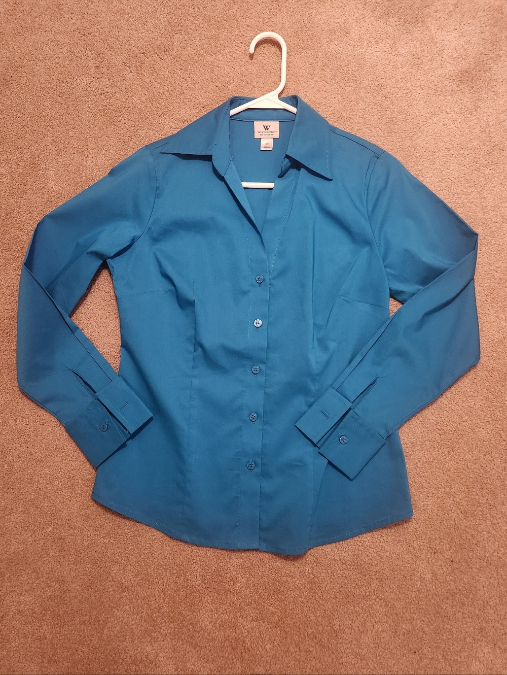 💎 Worthington Teal Fitted Long Sleeve Button-Up Blouse, EUC, Size 4P (runs big) - Picture 3 of 6